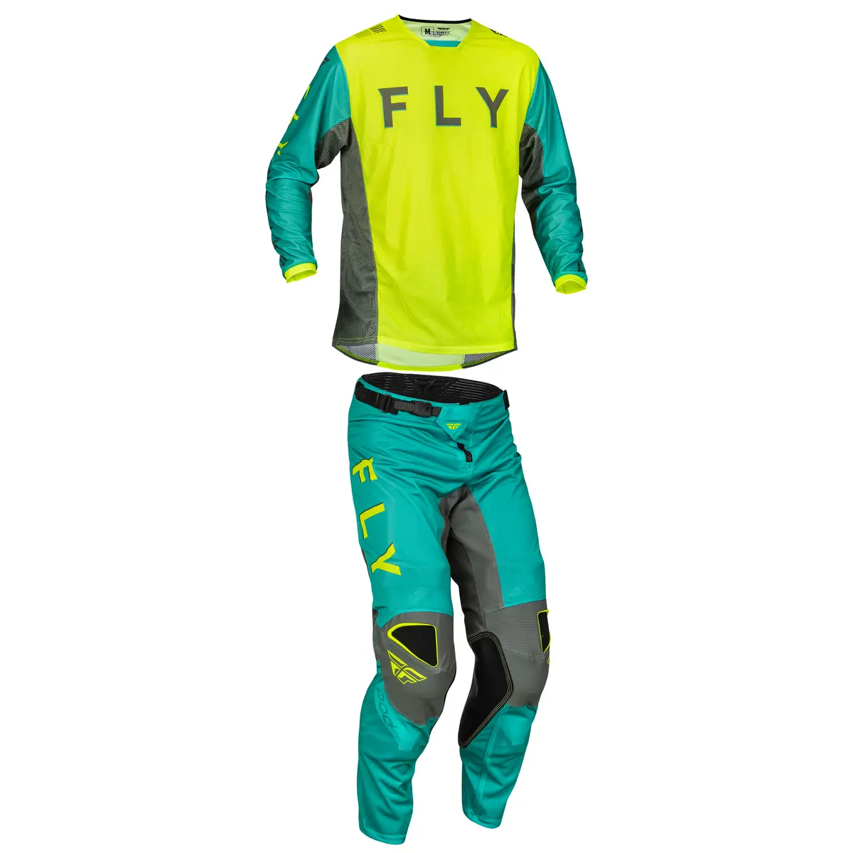 2023.5 Fly Racing Kinetic Mesh Kore Hi-Vis/Teal/Grey Gear Combo - Adult 1