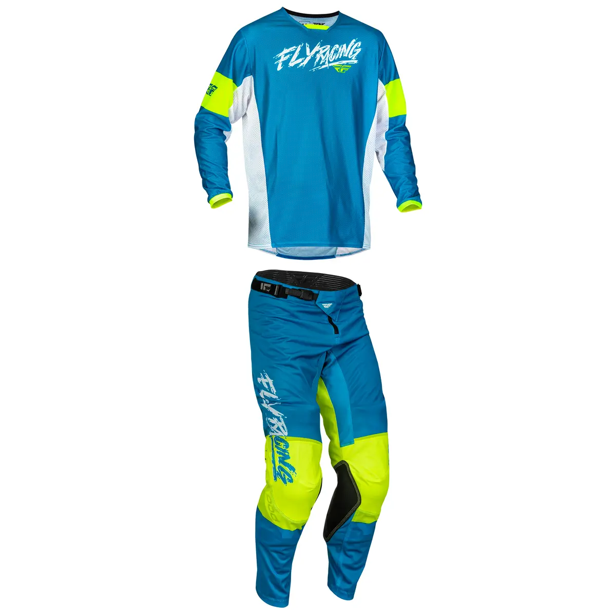 2023.5 Fly Racing Kinetic Mesh Khaos Blue/White/Hi-Vis Gear Combo - Youth (6-13) 1