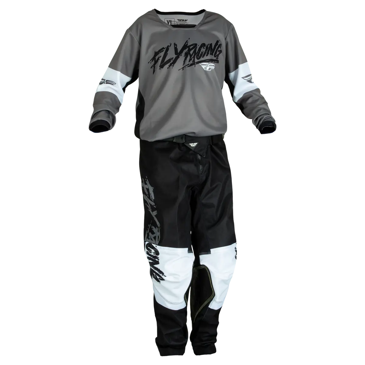 2024 Fly Racing Youth Kinetic Khaos Grey/Black/White Gear Combo 1