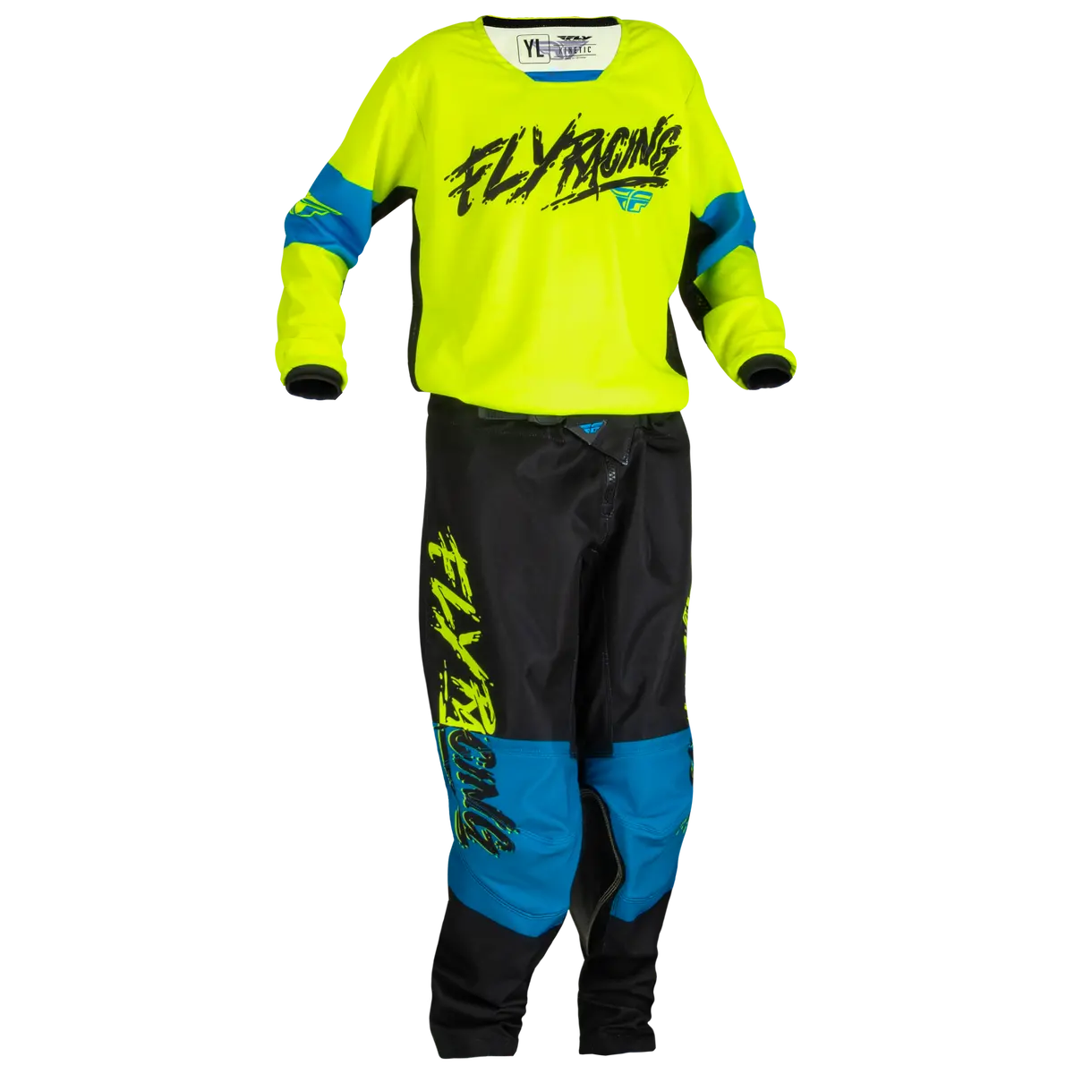 2024 Fly Racing Youth Kinetic Khaos Hi-Vis/Black/Cyan Gear Combo 1
