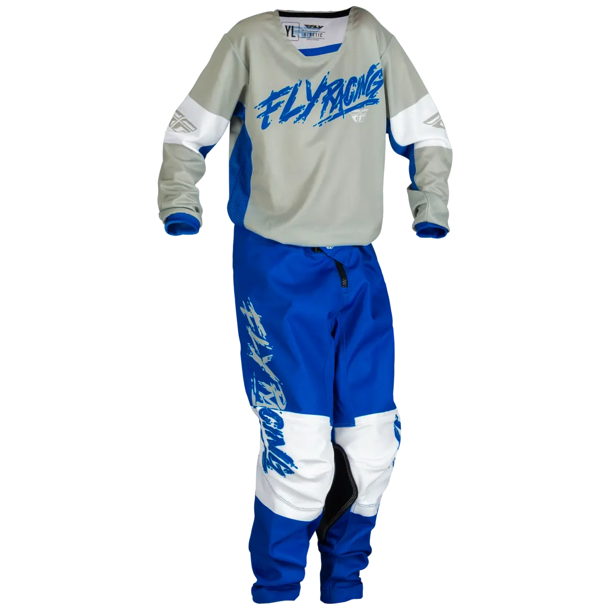 2024 Fly Racing Youth Kinetic Khaos Light Grey/Blue/White Gear Combo 1