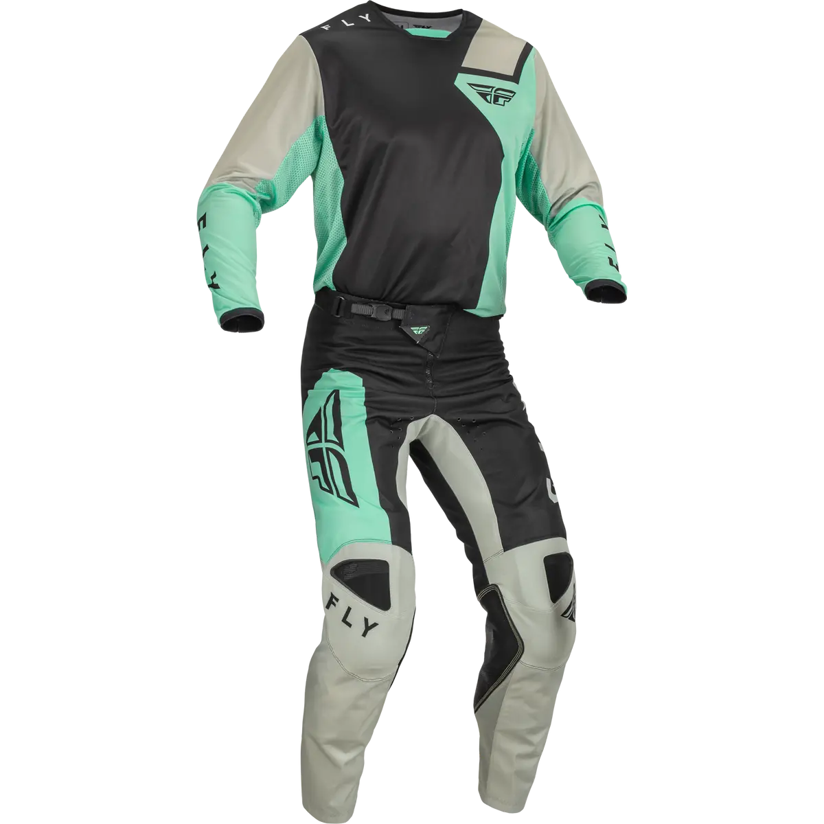 2023 Fly Racing Adult Kinetic Jet Black/Mint/Grey Gear Combo 1