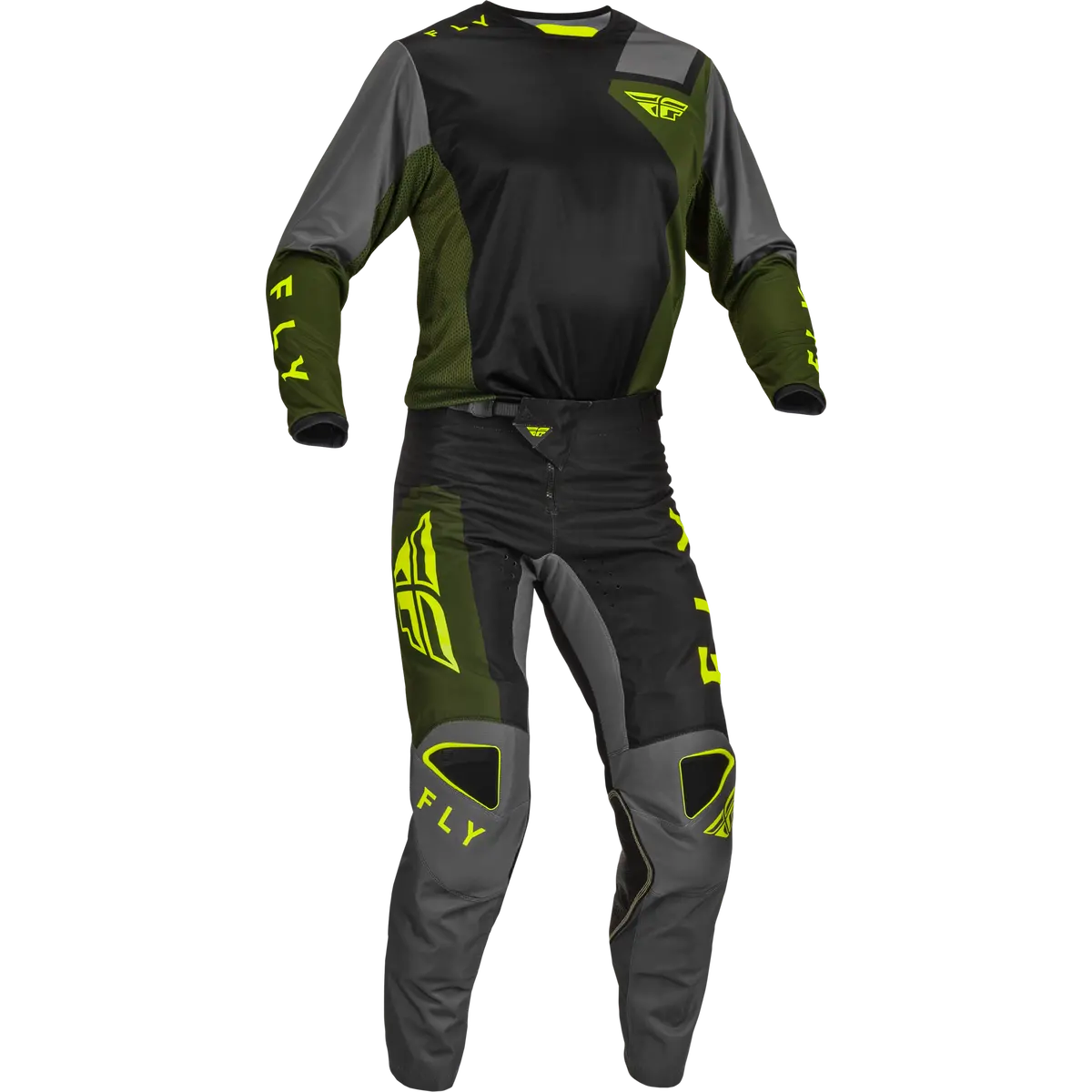 2023 Fly Racing Adult Kinetic Jet Black/Olive Green/Hi-Vis Gear Combo 1