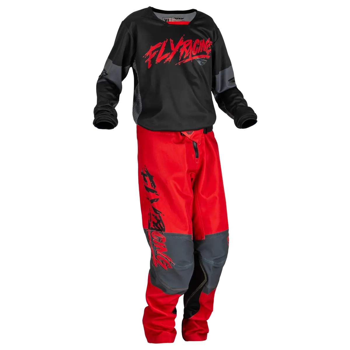 2024 Fly Racing Youth Kinetic Khaos Black/Red/Grey Gear Combo 1