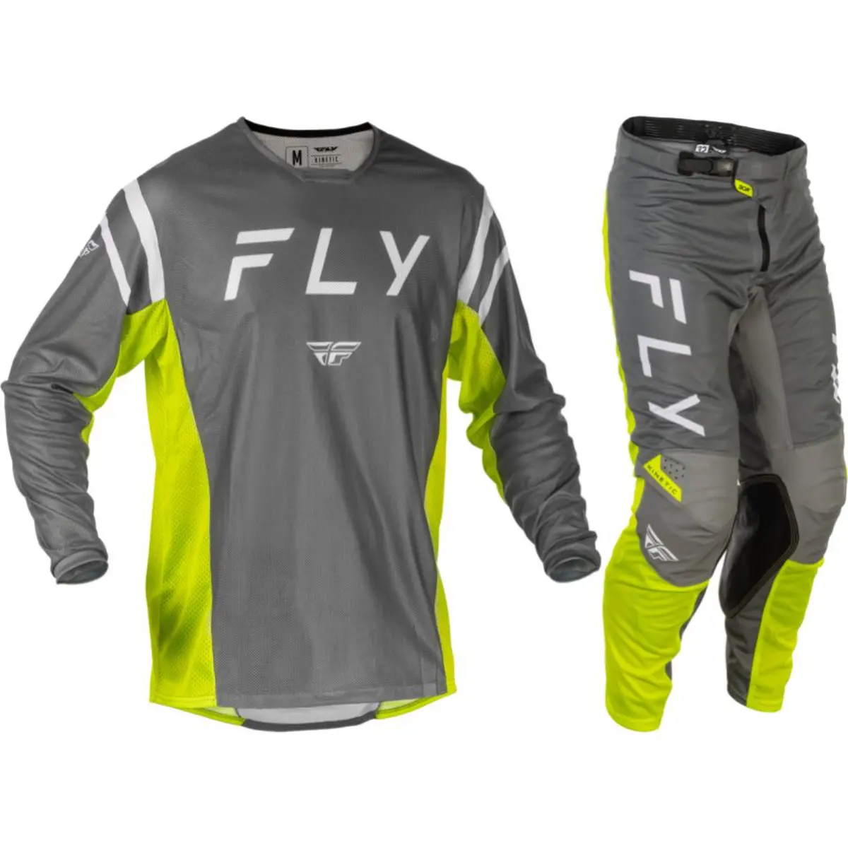 2025.5 Fly Racing Adult Kinetic Mesh Center Grey/White/Hi-Vis Gear Combo 1