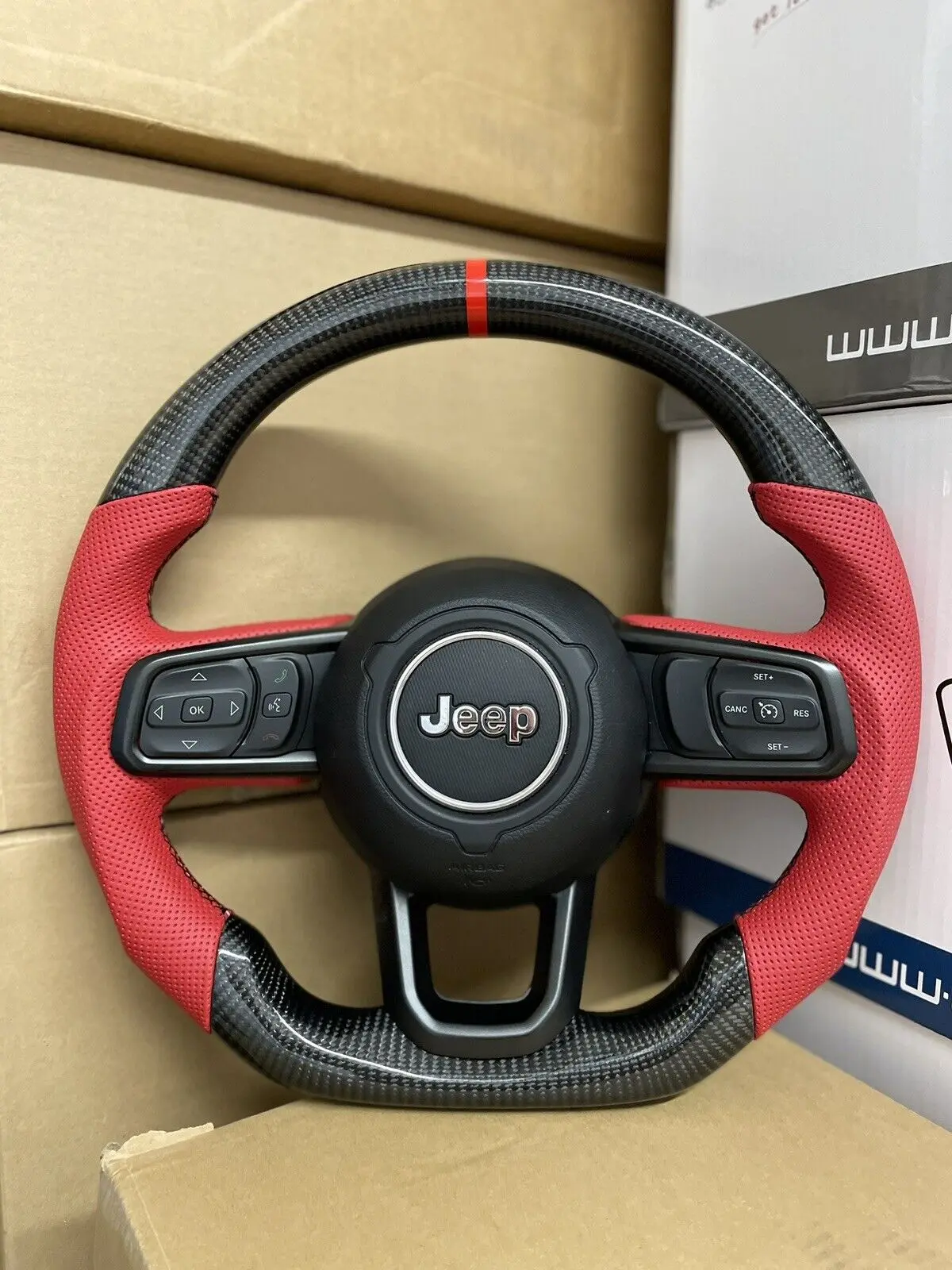 Jeep Wrangler Jl 2018+ Gladiator Carbon Fiber Steering Wheel Red Leather 1