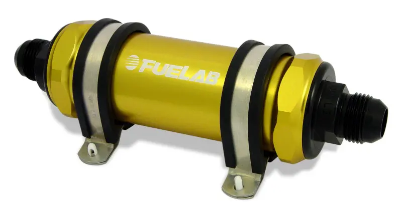 Fuelab 858 Inline Fuel Filter – -10An Inlet/Outlet, 6-Micron Fiberglass Media With Integrated Check Valve (Gold Finish) 1